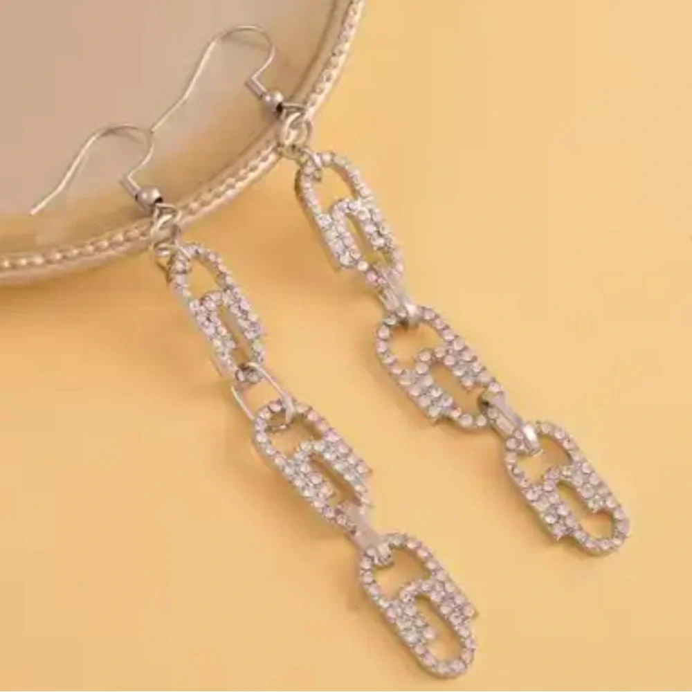 Austrian Crystal Paper Clip Dangle Earrings in Silvertone & Stainless Steel
